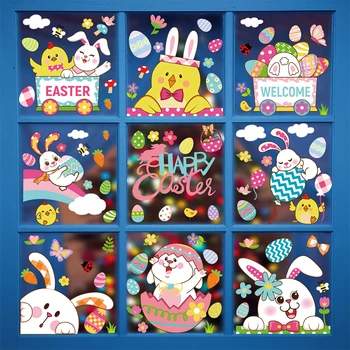 Mutlu Paskalya Pencere Çıkartmaları Renkli Tavşan Tavşan Yumurta Civciv Desen Paskalya duvar çıkartmaları Parti Süslemeleri Ev Duvar Çıkartmaları