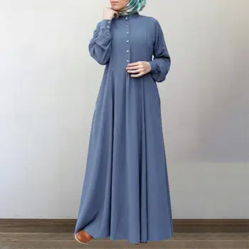 Müslüman Elbise Kadın Elbise Düz Renk Vintage Yuvarlak Boyun Hırka Tek göğüslü Büyük Salıncak Sundress Bayanlar Başörtüsü Elbise 2021