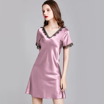 NG0392 2020 Yeni Moda Gecelik Sleepshirt Saten İpek Pijama Seksi V Boyun Kadın Gecelik Dantel Trim Kısa Kollu gece elbisesi