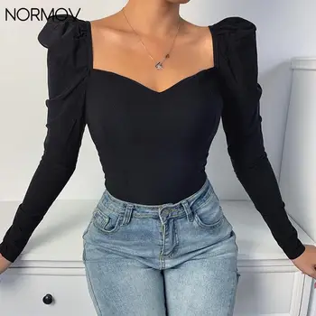 NORMOV Patchwork T-Shirt Kadın Bahar Mizaç Kare Yaka Üstleri Katı Sıska Moda Ince Rahat Uzun Kollu T Shirt Yeni