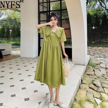 NYFS 2023 Yaz Yeni Kore Kadın Elbise Vestidos Robe Elbise Polyester Gevşek Artı Boyutu Katı Kısa Kollu Uzun Elbiseler