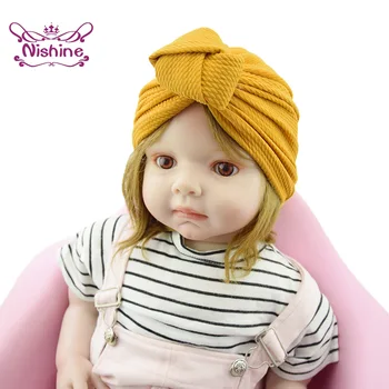 Nishine 1 ADET Yumuşak Rahat Bebek Kız Türban Şapka Düz Renk el Yapımı Kap Çocuk yeni Doğan Fotoğraf Sahne Şapkalar Düğümlü 