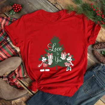 Noel Ağacı Mickey Minnie Kadın T-shirt Disney 2022 Yeni Noel Giysileri Kırmızı Temel Üstleri Festivali Hediye Tee Gömlek Ücretsiz Kargo