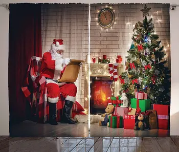 Noel Karartma Perdeleri Eski Noel Baba Evde Oturan Noel Gece Okuma bir Mektup Yakın Ağacı Pencere Perde