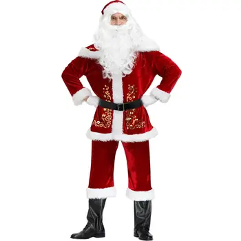 Noel Noel Baba Takım Elbise Yetişkin Noel Cosplay Kostüm Kırmızı Deluxe Kadife Fantezi Seti Noel Partisi Adam çocuk Aile Kostüm