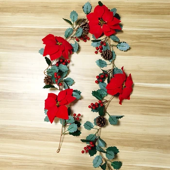Noel Poinsettia Rattan Yapay Kırmızı Çiçekler Ve Yeşil Yapraklar Garland Ev Dekorasyonu İçin Çiftlik Evi Dekorasyon