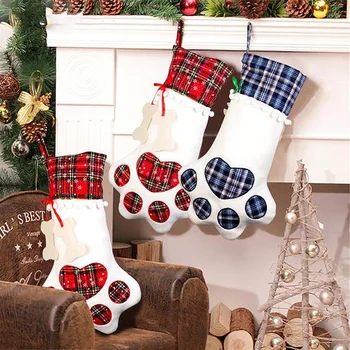 Noel Süsleri Noel Çorap hediye keseleri Köpek Pençeleri Noel Çorap Ekose Kemikleri Çorap En İyi Yılbaşı Hediyeleri