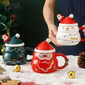 Noel seramik kaşıklı fincan Kapak Sevimli Noel Baba Kupa 480 ml su kupaları Kahve Fincanları Kolu Porselen Fincan Drinkware Noel Hediyesi