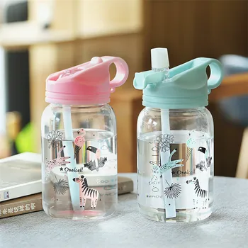Oneısall Su Şişesi BPA Ücretsiz Karikatür Sevimli Çocuk Cam Su Şişesi Plastik Saman Taşınabilir Spor Bardak Bardak 450 ml Çocuklar için