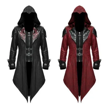 Ortaçağ Erkekler Şövalye Korsan Prens Gotik Retro Kapüşonlu Pelerin Uzun Elbise Ceket Katı Karnaval Cadılar Bayramı Cosplay Kostümleri Ceket
