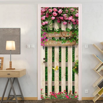 PVC Kendinden Yapışkanlı Kapı Sticker 3D ahşap pano Gül Çiçek Duvar Kağıdı Oturma Odası Restoran Kapı Posteri Su Geçirmez Çıkartmalar