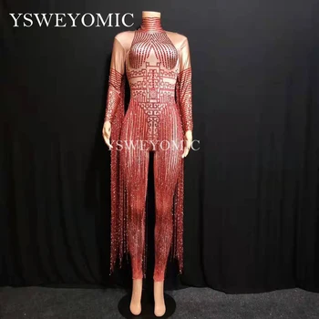 Parlak Kristaller Kırmızı bodysuit Seksi Uzun Püskül Kadın Kıyafeti Gece Kulübü Kadın Şarkıcı Kostüm Sahne Dans Performansı Giyim YS64