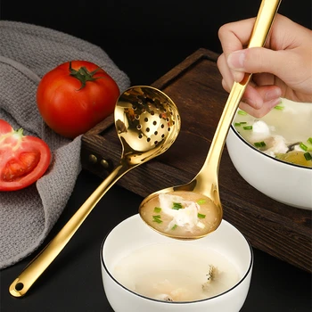 Paslanmaz Çelik Uzun Saplı Servis Süzgeç Kaşık Asılı Delik Tasarım Mutfak çorba kepçesi Sofra Bulyon Skimmer