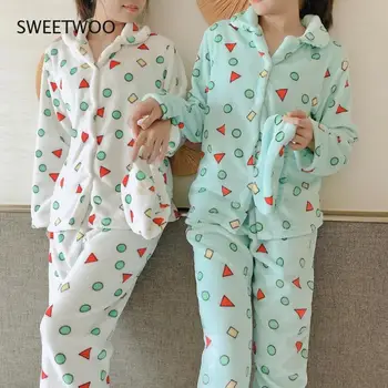 Pazen Pijama Erkekler ve Kadınlar Kış Kawaii Karikatür Geometrik Desen Mercan Polar Ev Giysileri Sıcak Kalınlaşma Seti Çiftler