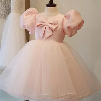 Pembe Puf Kollu Elbise Kız Elbise 2022 Yeni Yay Prenses Elbise Kabarık İplik Parti Elbise