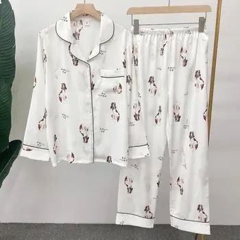 Pijama Saten Kadın Pijama Seti Sonbahar Kış Sıcak Baskı Kıyafeti 2 Adet Gömlek ve Pantolon Rahat Salon Giyim Ev Giysileri
