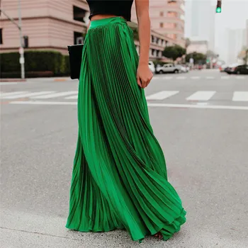 Pilili Şifon Yüksek Bel kadın Maxi Etekler Kat Uzunluk Katı Uzun Etek Bayanlar 2022 Gevşek Yeşil Siyah Pembe Dipleri Kadın