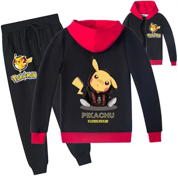 Pokemon Pikachu Karikatür Baskı Desen Çocuk Kış Moda Polar Kazak Pantolon Takım Elbise İki parçalı Set Çocuk Butik Giyim