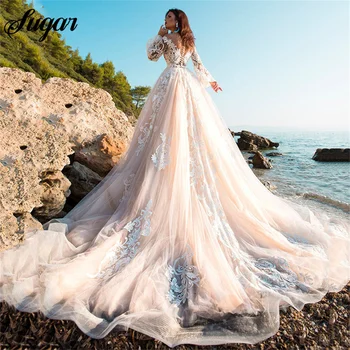 Prenses düğün elbisesi Bir Çizgi Dantel Aplike Puf Kollu gelinlik Uzun Tren Boho gelinlik Custom Made gelin kıyafeti