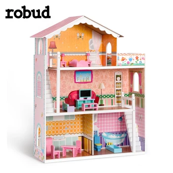 ROBUD Ahşap Dollhouse Çocuklar için Minyatür Ev Simülasyon Bebek Evi Mobilya Montaj Oyuncaklar Çocuk Doğum Günü Hediyeleri