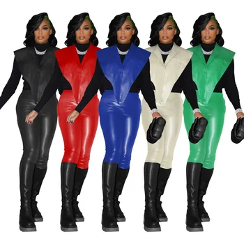 Rahat Kadın Pu Deri İki Parçalı Set Düz Renk Yüksek Streetwear Eşleşen takım elbise Parti Gece Kış Giysileri Kadınlar İçin