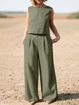 Rahat Yaz 2 Parça Setleri Kadın Moda Kolsuz sıfır yaka bluzlar + Yüksek Bel Geniş Bacak pantolon seti Harajuku Keten Gevşek Ofis Takım Elbise