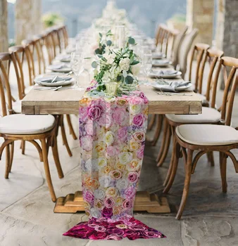 Renkli Gül Çiçek Şeffaf Şifon Masa Koşucu Ülke Düğün Parti Doğum Günü Lüks Tül Vual Masa Örtüsü Ev Dekorasyon