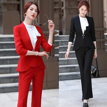 Resmi Bayanlar Kırmızı Siyah Blazer Kadın iş elbisesi Pantolon ve Ceket Setleri Iş Elbisesi Elbise Ofis Üniforma Stilleri Zarif