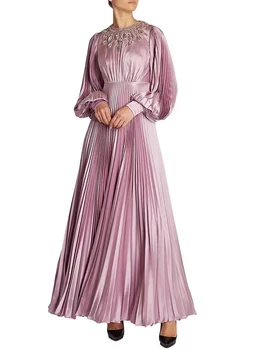 Retro Ağır El Sanatları Elmas Kolye Yüksek Bel Uzun Kollu Elbise kadın Yeni Moda Gevşek Pilili Puf Elbise moda elbise
