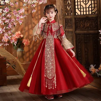 Retro Elbise Sıcak Kırmızı Çin Yeni Yılı Giysileri Kız Hanfu Çocuk Tang Takım Elbise Kalın Antik Kostüm Nakış Vestidos Orientale