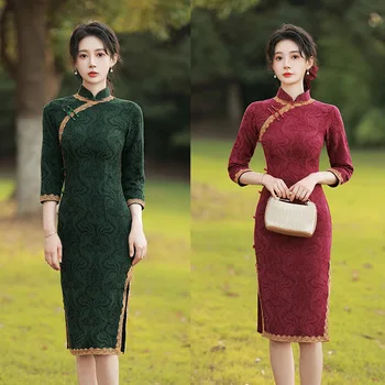 Retro Çinli Kadın Cheongsam Orta Uzunlukta Pamuk Dantel Qipao Düz Seksi İnce Bölünmüş Çatal Mandarin Yaka Etek Elbise Elbise 