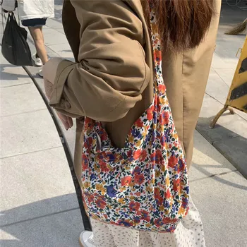 Retro Çiçek tek omuz askılı çanta Büyük kapasiteli Tuval Kore Rahat Moda Trendi