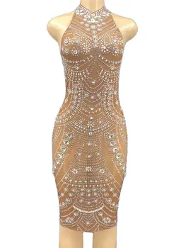 Rhinestone Kılıf Elbise See-through Kolsuz Kahverengi Bodycon Elbise Kadın Parti Balo Resmi Elbise Gece Kulübü Şarkıcı Sahne Kıyafeti