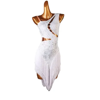 Rhinestones Hollow Wasit Beyaz Kadın Latin Dans Elbise Rekabet Samba Dans Elbise Salsa Dans Giyim gece elbisesi Caz İçin