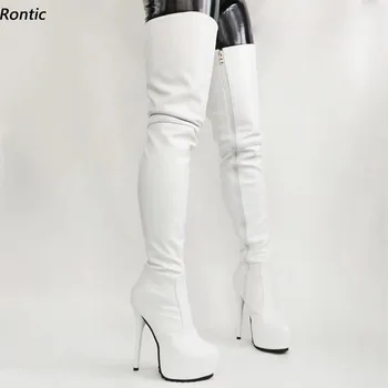 Rontıc Yeni Kadın Kış Kasık Çizmeler Suni Deri Yan Fermuar Stiletto Topuklu Yuvarlak Ayak Güzel Beyaz Kulübü Ayakkabı ABD Boyutu 5-20