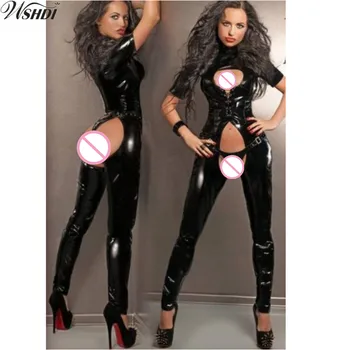 S-XXL YENİ! Kadınlar Seksi siyah suni deri Bodysuit Açık Crotch Erotik Lateks Catsuit Bodycon Fetiş Tulum PVC Bodysuit Kostüm