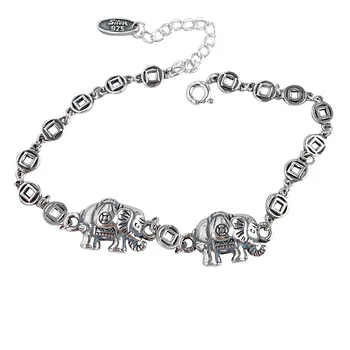 S925 Gümüş Takı Retro Tay Bakır Sikke Zincir Üç Boyutlu Uğurlu Fil Bilezik Kadınlar için Trendy doğum günü hediyesi
