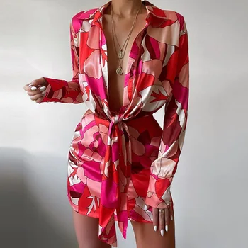 SKMY yaz elbisesi Kadınlar 2022 Seksi Kulübü Kıyafetleri Turn-Aşağı Yaka Moda Baskılı Uzun Kollu Bodycon Gömlek Elbise Dantel-up