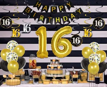 SURSURPİRSE 16th Doğum Günü Dekorasyon Numarası 16 Folyo Altın Konfeti Balon Afiş Kek Topper Asılı Swirls Düğün Malzemeleri için