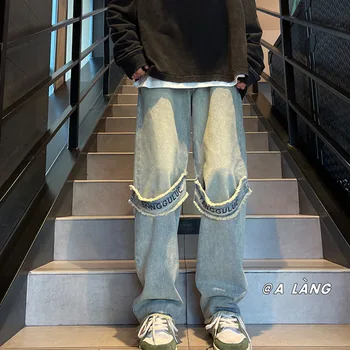 SYUHGFA 2023 erkek Ham Kenar Kot Mektup Tasarımcı Marka Hip Hop Streetwear Baggy Moda Kot Pantolon Harajuku Erkek Pantolon