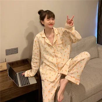 Saf Pamuklu Pijama kadın Sonbahar Giyim Yeni Kore Tarzı Küçük Kamkat Cilt Dostu Kabarcık Pamuk Ev Giyim İki Parçalı