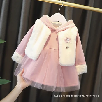 Sahte İki Parçalı Çocuk Bebek Giysileri Sonbahar Kış Bahar Toddler Kız Elbise Sevimli Tavşan Kulaklar Kapşonlu Kadife Ceket Kürklü Ceket