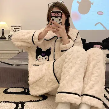 Sanrioed Mercan Polar Pijama Kız Sonbahar ve Kış Kalınlaşmış Kawaii Anime Kuromi Sevimli Karikatür Benim Melodi Pijama Pantolon Setleri