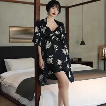 Saten 2 ADET Elbise Seti Baskı Çiçek İpeksi Pijama Kadın Kimono Bornoz Elbisesi Rahat Salon Giyim Yumuşak Samimi İç Çamaşırı Gecelik