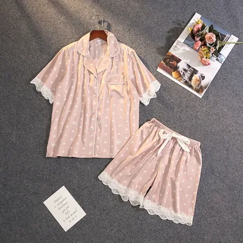 Saten Kadın Gömlek ve Pantolon Pijama Baskı 2 ADET Pijama Seti Seksi Pijama 2021 Yeni Kısa Kollu Salonu Taç Yıldızlı Kıyafeti