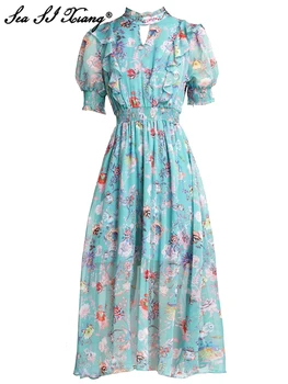 Seasıxıang Moda Tasarımcısı yaz elbisesi Kadın Boncuk Standı Yaka Fener Kollu Çiçek Baskı Elastik Bel Vintage Elbiseler