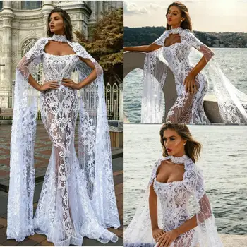 See Through Mermaid Gelinlik Wrap ile Dantel Aplikler Boncuklu gelinlikler 2020 Yeni Illusion vestidos de novia