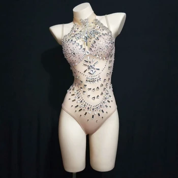 Seksi Perspektif Kristal Leotard Kadın Şarkıcı Dansçı Rhinestones Bodysuit dans kostümü Kadın Parti Performans Iç Çamaşırı