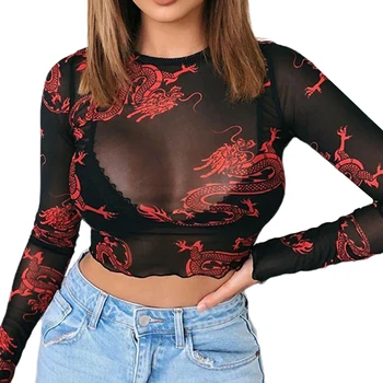 Seksi kadın T-shirt Sıcak Ejderha Baskı Örgü Üst Uzun Kollu Şeffaf Çiçek kadın Tüp Üst O-boyun Kırpma Üstleri Streetwear Y2k