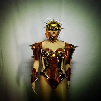 Seksi zırh Uzay gösterisi gelecek teknoloji Altın ayna robot takım elbise kadın sahne podyum giyer performans bodysuit dj kostüm